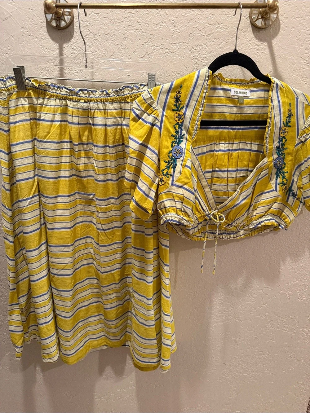 Celandine Anthropologie Yellow Striped Embroidered Skirt Set